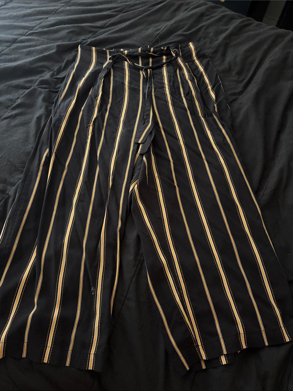 Black Wide-Leg Striped Pants with Tan/White Pinstripes